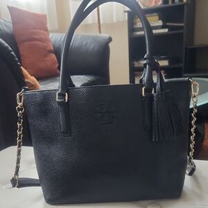 Tory Burch Black Leather Tote with Gold Chain